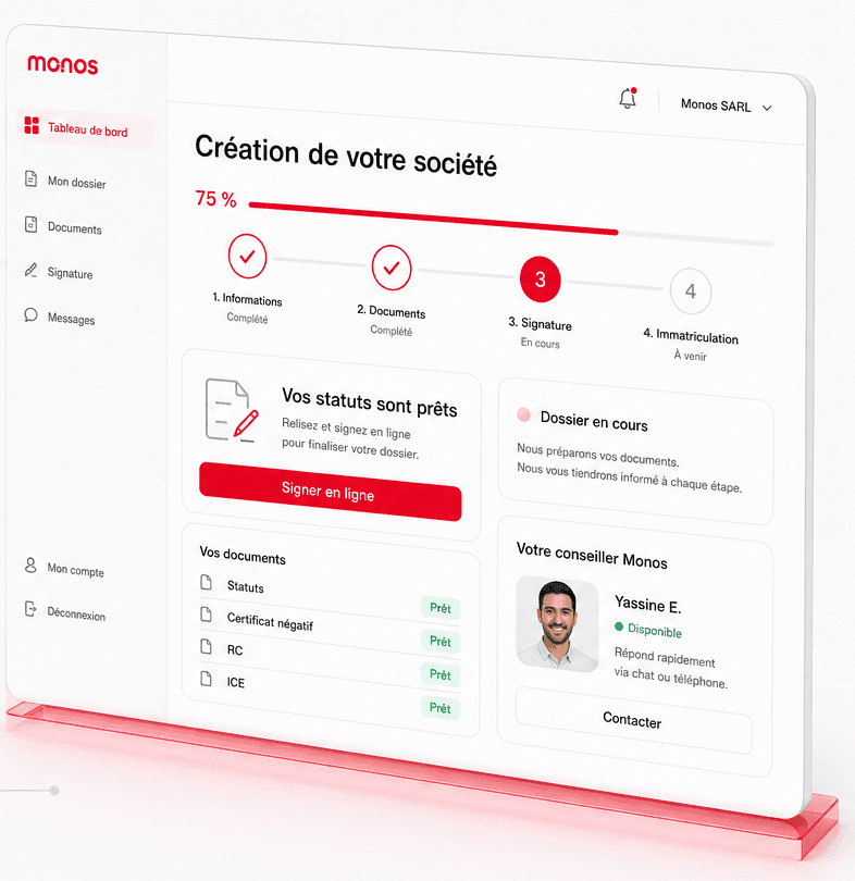 Tableau de suivi de la création d’une société dans Monos